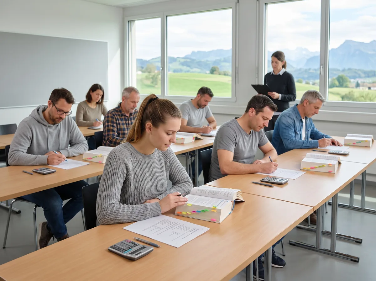 Kandidatinnen und Kandidaten schreiben die Prüfung für Gefahrgutbeauftragte, mit Regelwerken und Taschenrechner